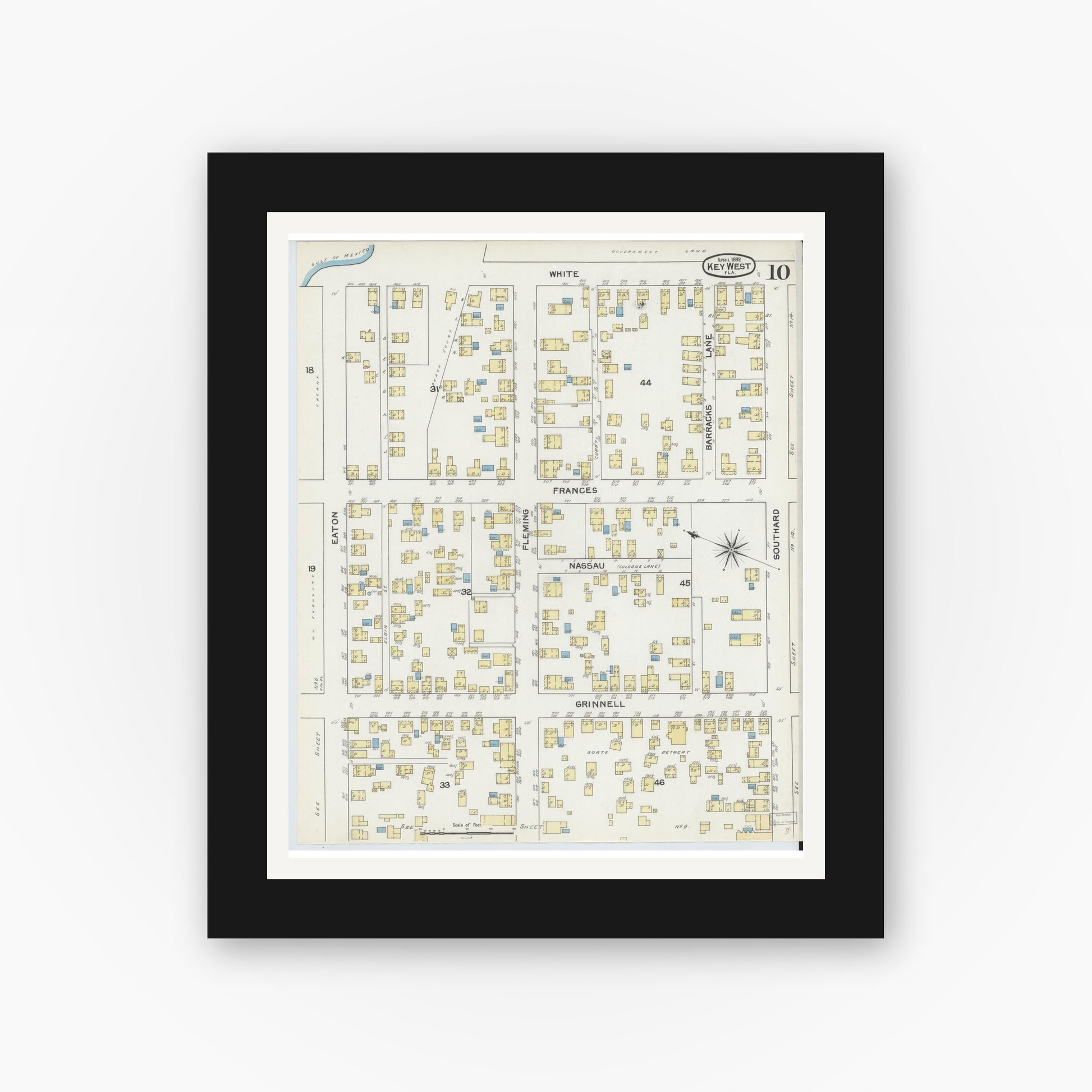 Old map wall art mockup — black gallery frame with white mat — Sanborn Fire Insurance Map from Key West, Monroe County, Florida (1892), Sheet #0010