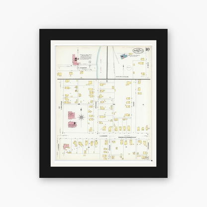 Old map wall art mockup — black gallery frame with white mat — Sanborn Fire Insurance Map from Kendallville, Noble County, Indiana (1908), Sheet #0010