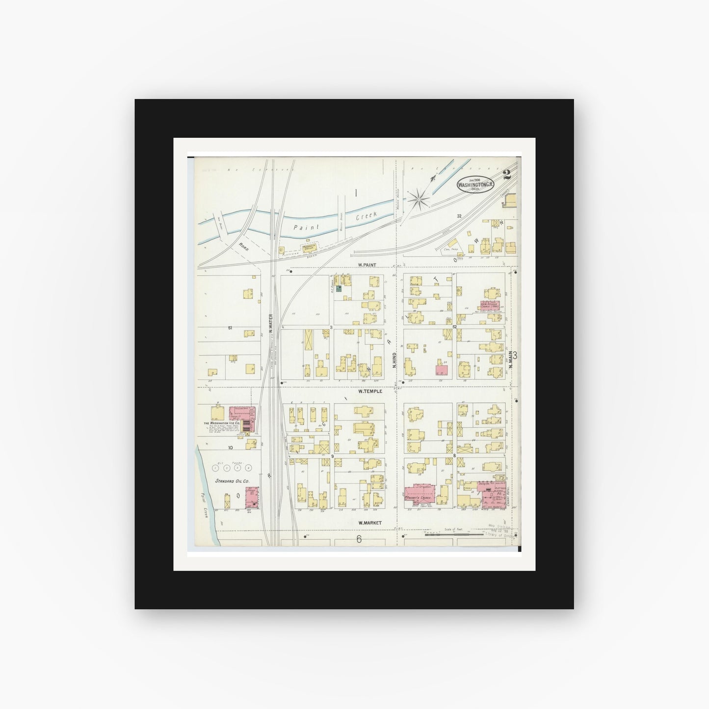 Old map wall art mockup — black gallery frame with white mat — Sanborn Fire Insurance Map from Washington Court House, Fayette County, Ohio (1900), Sheet #0002