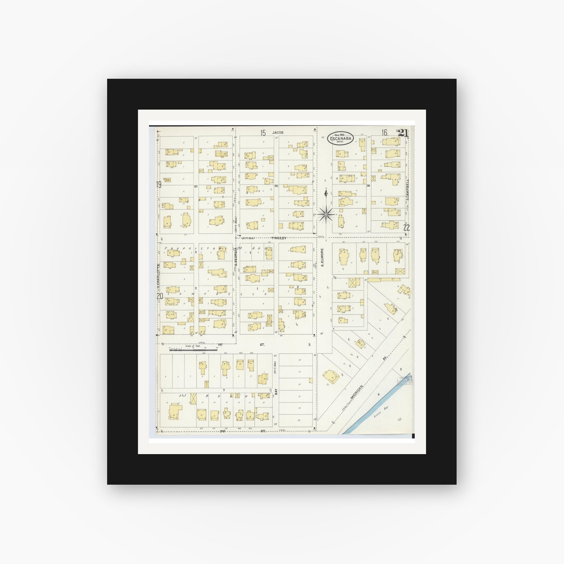 Old map wall art mockup — black gallery frame with white mat — Sanborn Fire Insurance Map from Escanaba, Delta County, Michigan (1906), Sheet #0021