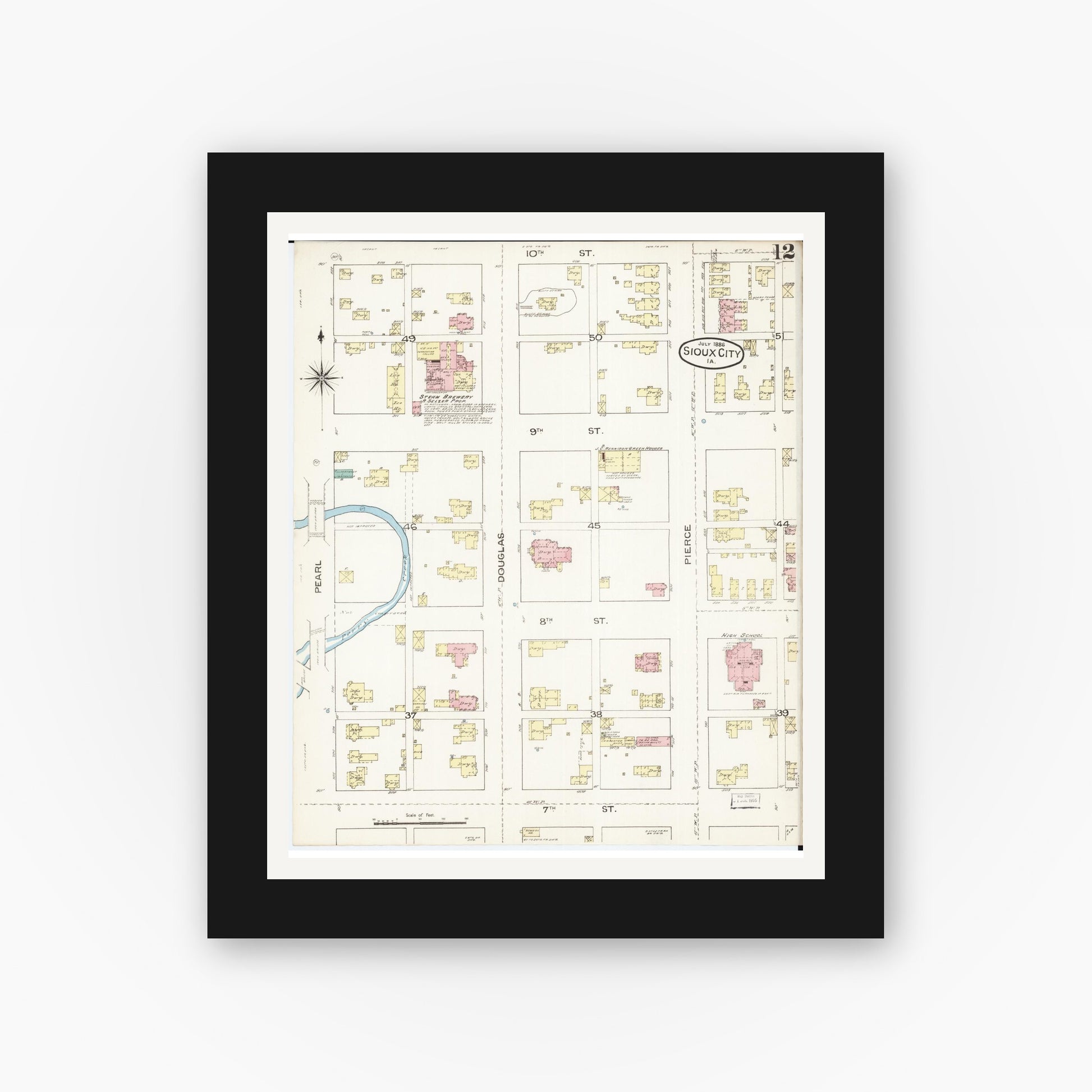 Old map wall art mockup — black gallery frame with white mat — Sanborn Fire Insurance Map from Sioux City, Woodbury County, Iowa (1886), Sheet #0012