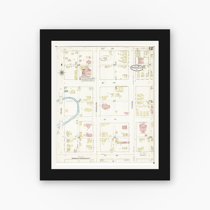 Old map wall art mockup — black gallery frame with white mat — Sanborn Fire Insurance Map from Sioux City, Woodbury County, Iowa (1886), Sheet #0012