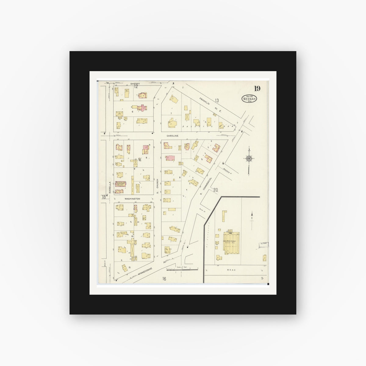 Old map wall art mockup — black gallery frame with white mat — Sanborn Fire Insurance Map from Neenah, Winnebago County, Wisconsin (1913), Sheet #0019