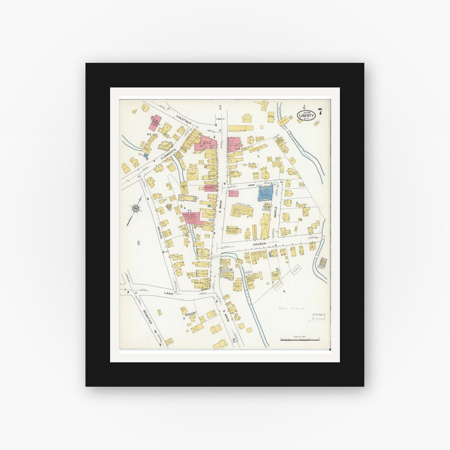Old map wall art mockup — black gallery frame with white mat — Sanborn Fire Insurance Map from Liberty, Sullivan County, New York (1916), Sheet #0007