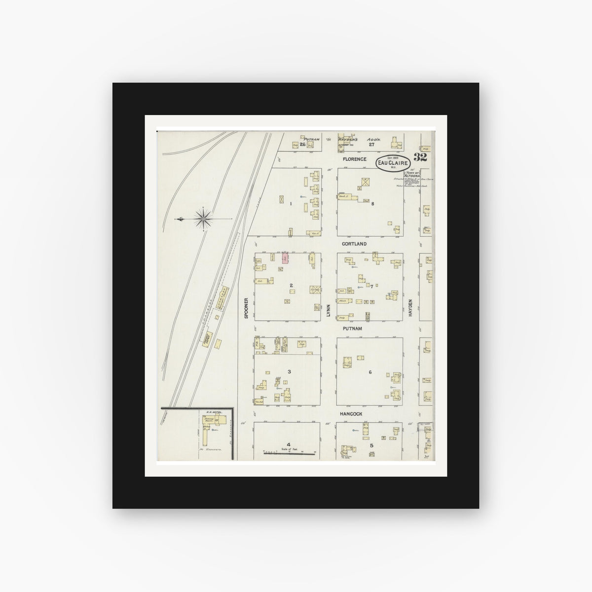 Old map wall art mockup — black gallery frame with white mat — Sanborn Fire Insurance Map from Eau Claire, Eau Claire County, Wisconsin (1889), Sheet #0032