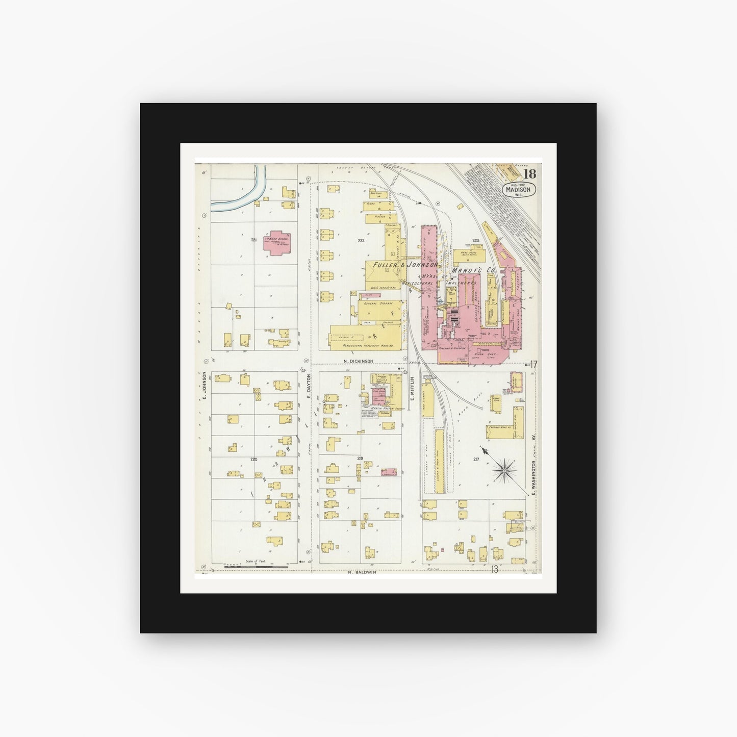 Old map wall art mockup — black gallery frame with white mat — Sanborn Fire Insurance Map from Madison, Dane County, Wisconsin (1902), Sheet #0018