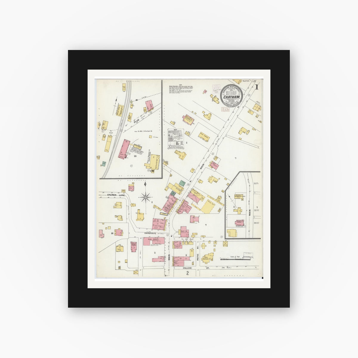 Old map wall art mockup — black gallery frame with white mat — Sanborn Fire Insurance Map from Chatham, Pittsylvania County, Virginia (1902) - Complete Map Set