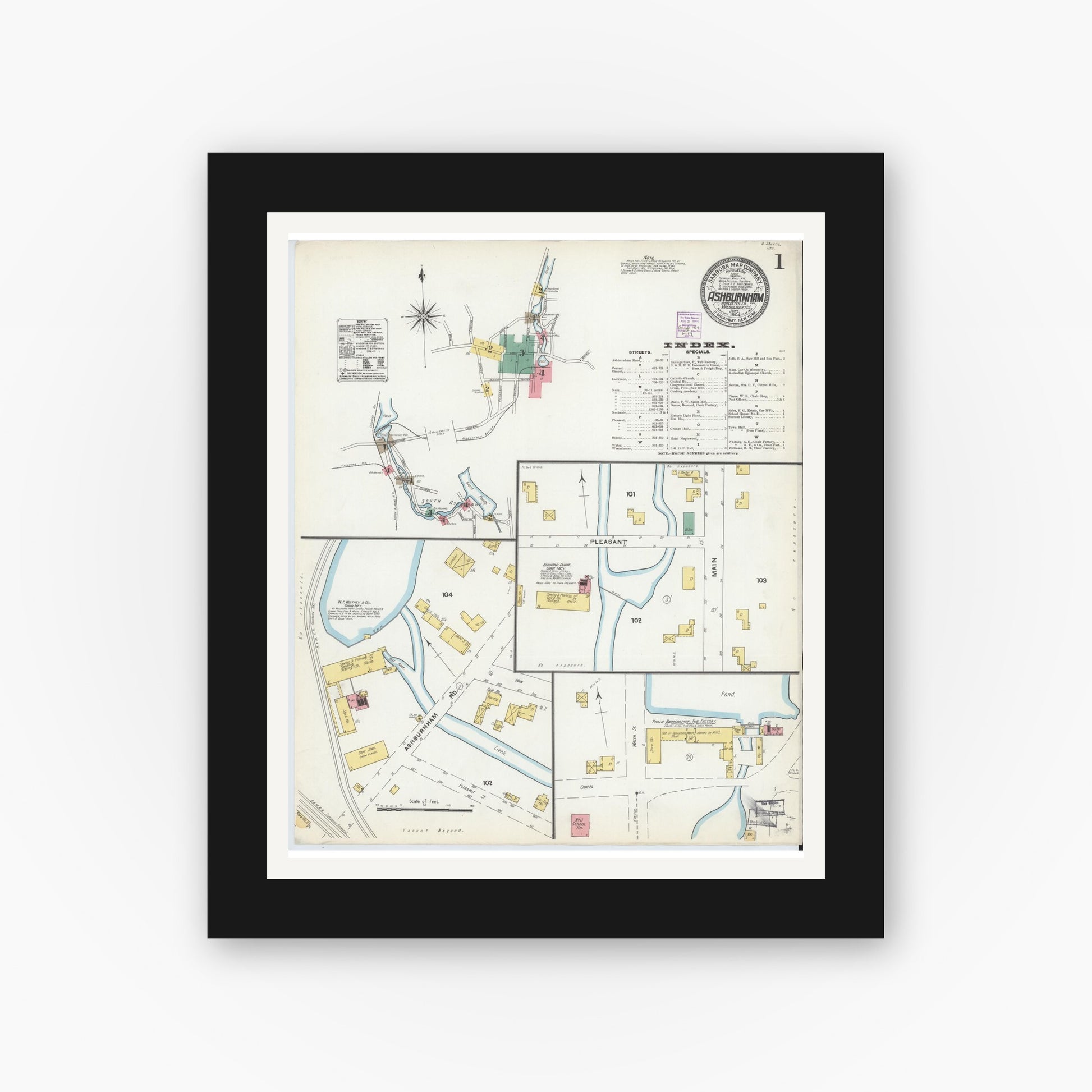 Old map wall art mockup — black gallery frame with white mat — Sanborn Fire Insurance Map from Ashburnham, Worcester County, Massachusetts (1904), Sheet #0001
