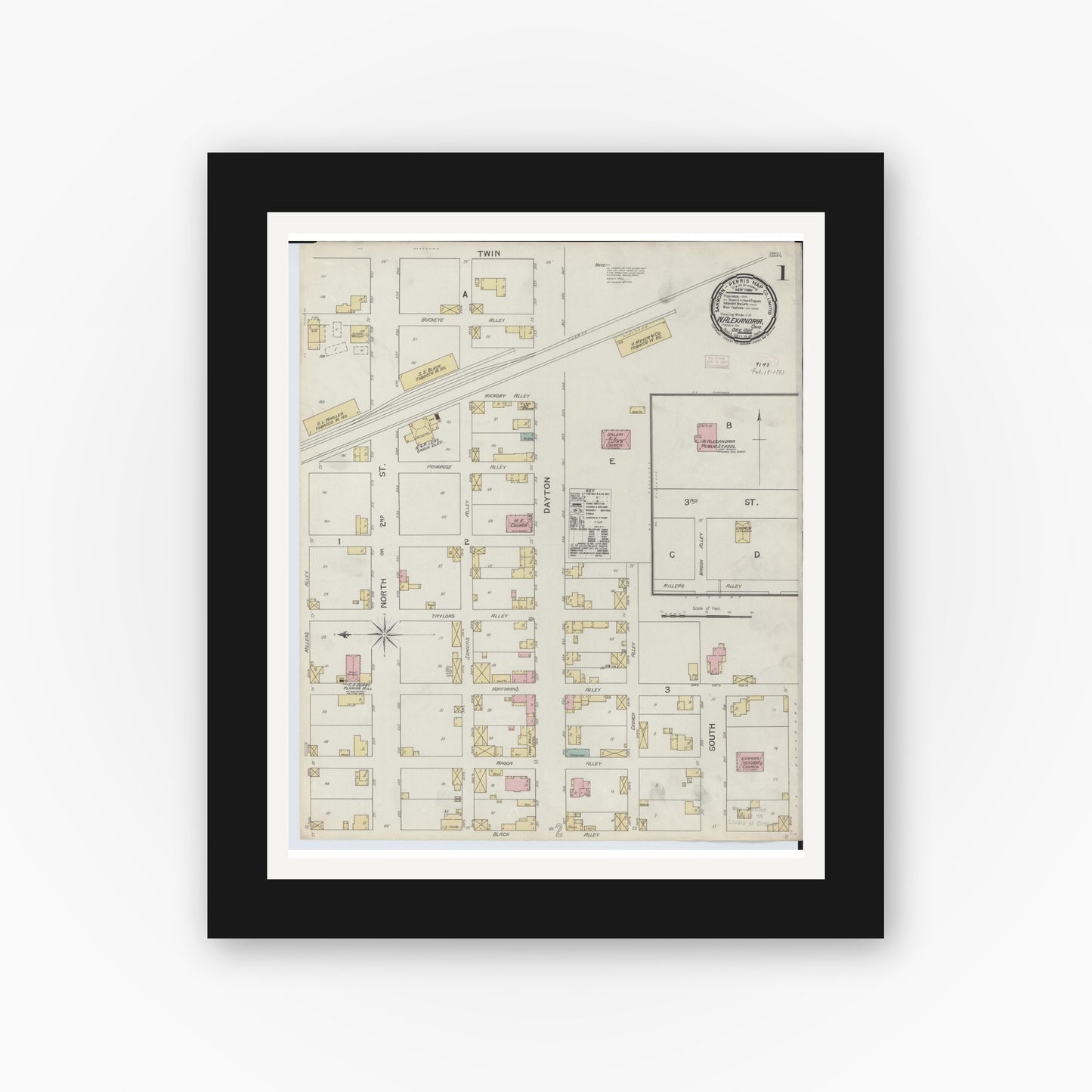 Old map wall art mockup — black gallery frame with white mat — Sanborn Fire Insurance Map from West Alexandria, Preble County, Ohio (1892) - Complete Map Set