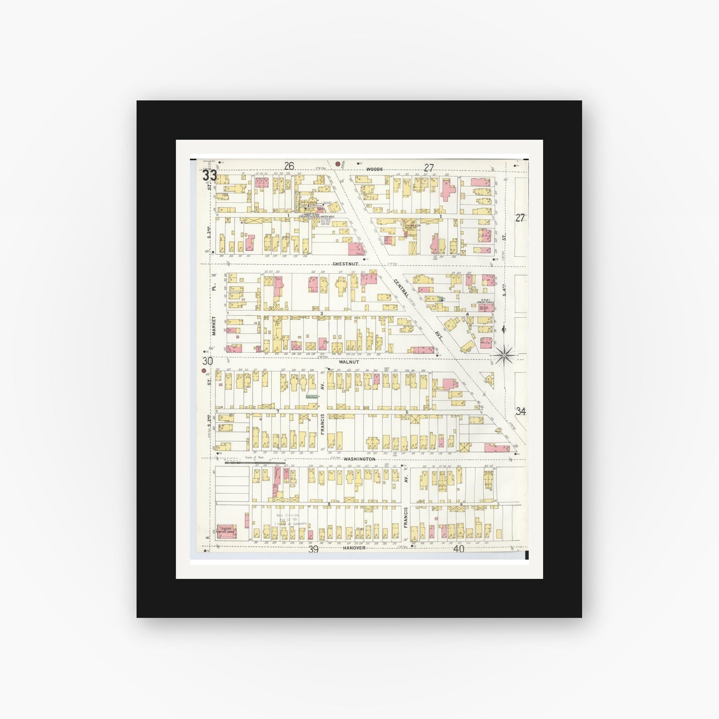 Old map wall art mockup — black gallery frame with white mat — Sanborn Fire Insurance Map from Hamilton, Butler County, Ohio (1899), Sheet #0033
