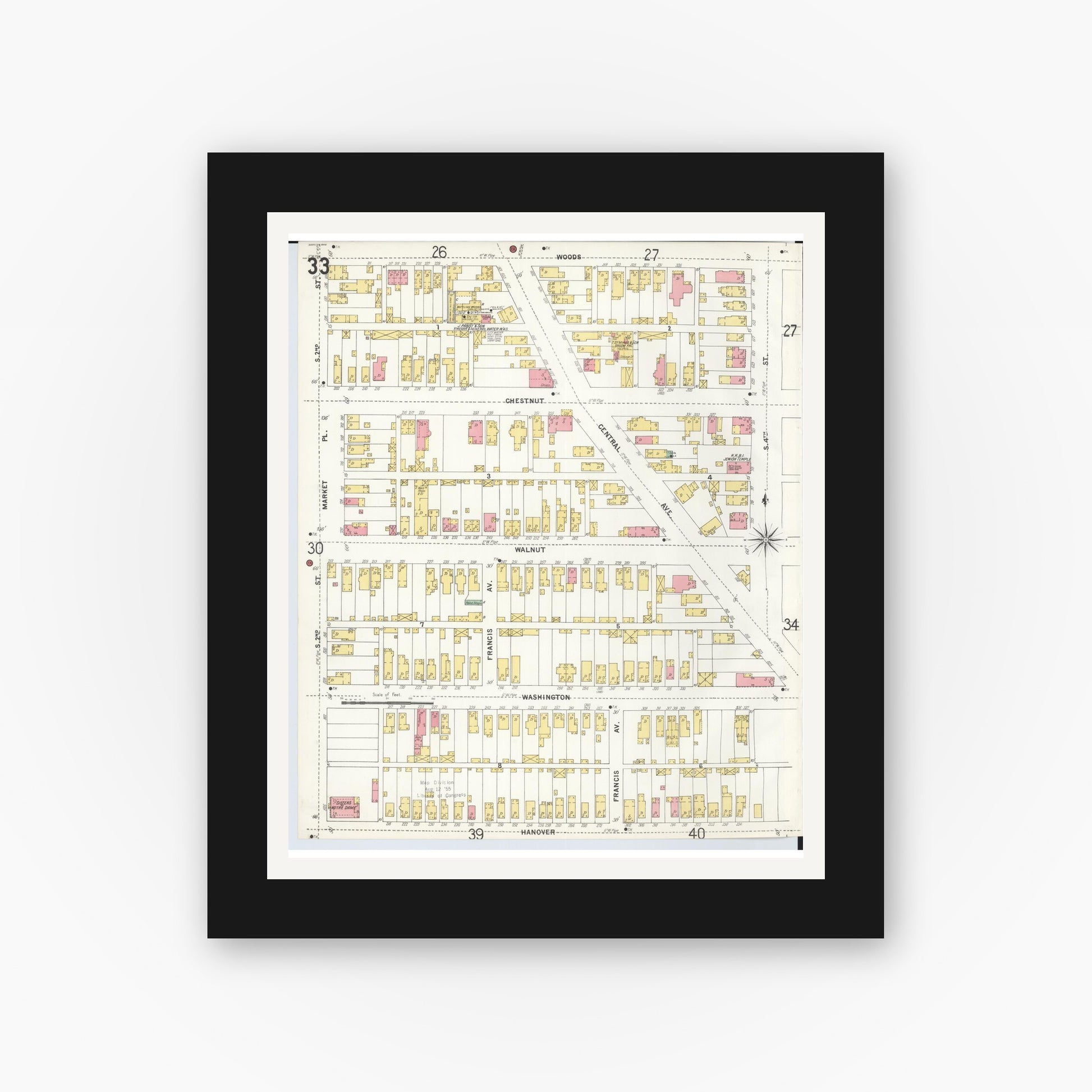 Old map wall art mockup — black gallery frame with white mat — Sanborn Fire Insurance Map from Hamilton, Butler County, Ohio (1899), Sheet #0033