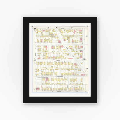 Old map wall art mockup — black gallery frame with white mat — Sanborn Fire Insurance Map from Hamilton, Butler County, Ohio (1899), Sheet #0033