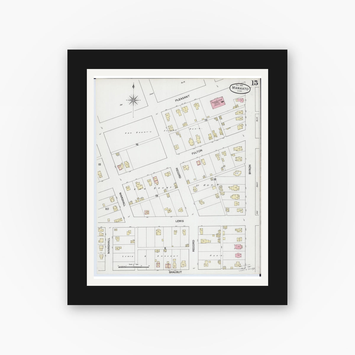 Old map wall art mockup — black gallery frame with white mat — Sanborn Fire Insurance Map from Mankato, Blue Earth County, Minnesota (1889), Sheet #0015