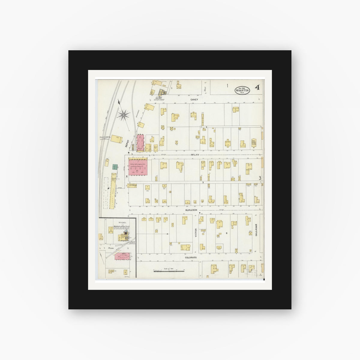 Old map wall art mockup — black gallery frame with white mat — Sanborn Fire Insurance Map from Wharton, Wharton County, Texas (1906), Sheet #0004