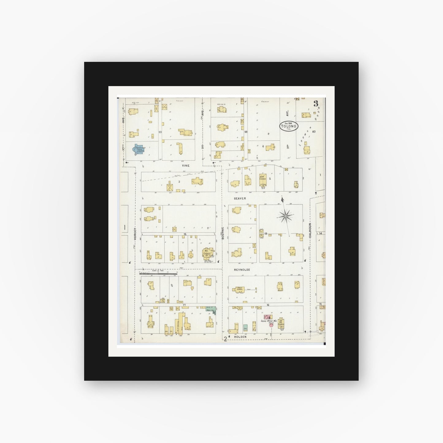 Old map wall art mockup — black gallery frame with white mat — Sanborn Fire Insurance Map from Tolono, Champaign County, Illinois (1898), Sheet #0003