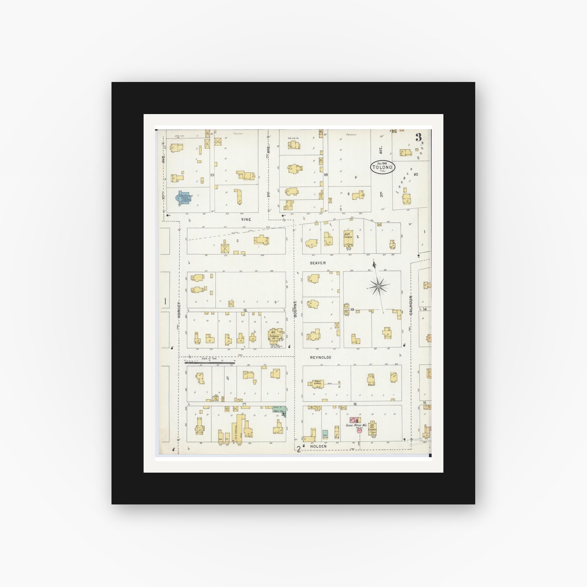 Old map wall art mockup — black gallery frame with white mat — Sanborn Fire Insurance Map from Tolono, Champaign County, Illinois (1898), Sheet #0003