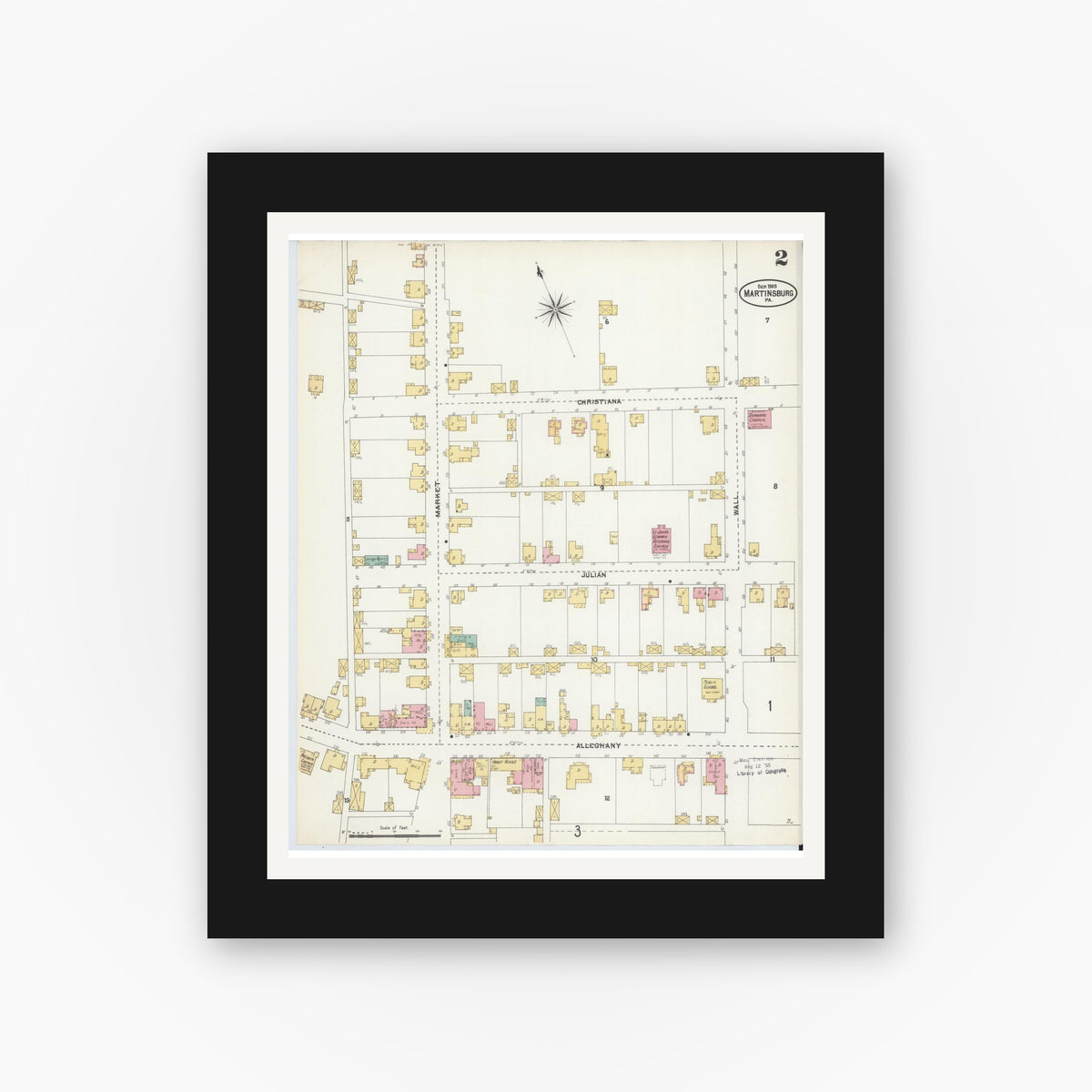 Old map wall art mockup — black gallery frame with white mat — Sanborn Fire Insurance Map from Martinsburg, Blair County, Pennsylvania (1905), Sheet #0002