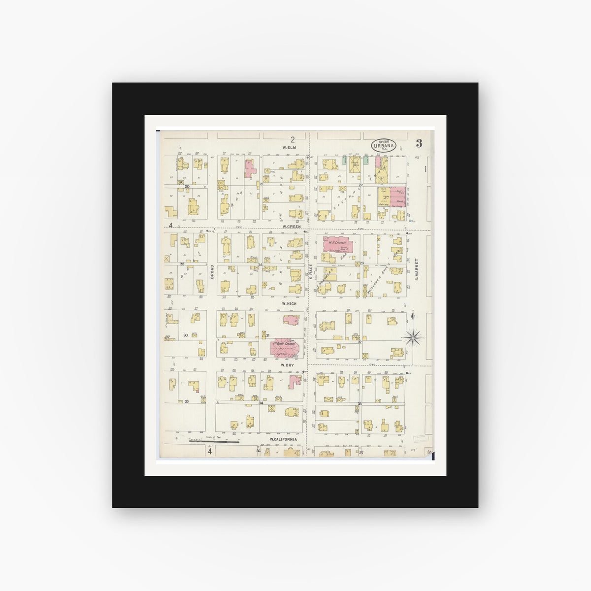 Old map wall art mockup — black gallery frame with white mat — Sanborn Fire Insurance Map from Urbana, Champaign County, Illinois (1897), Sheet #0003