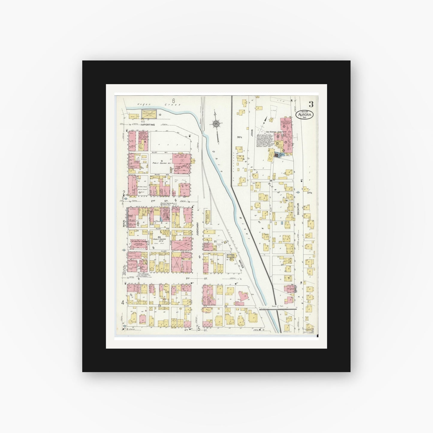 Old map wall art mockup — black gallery frame with white mat — Sanborn Fire Insurance Map from Aurora, Dearborn County, Indiana (1911), Sheet #0003