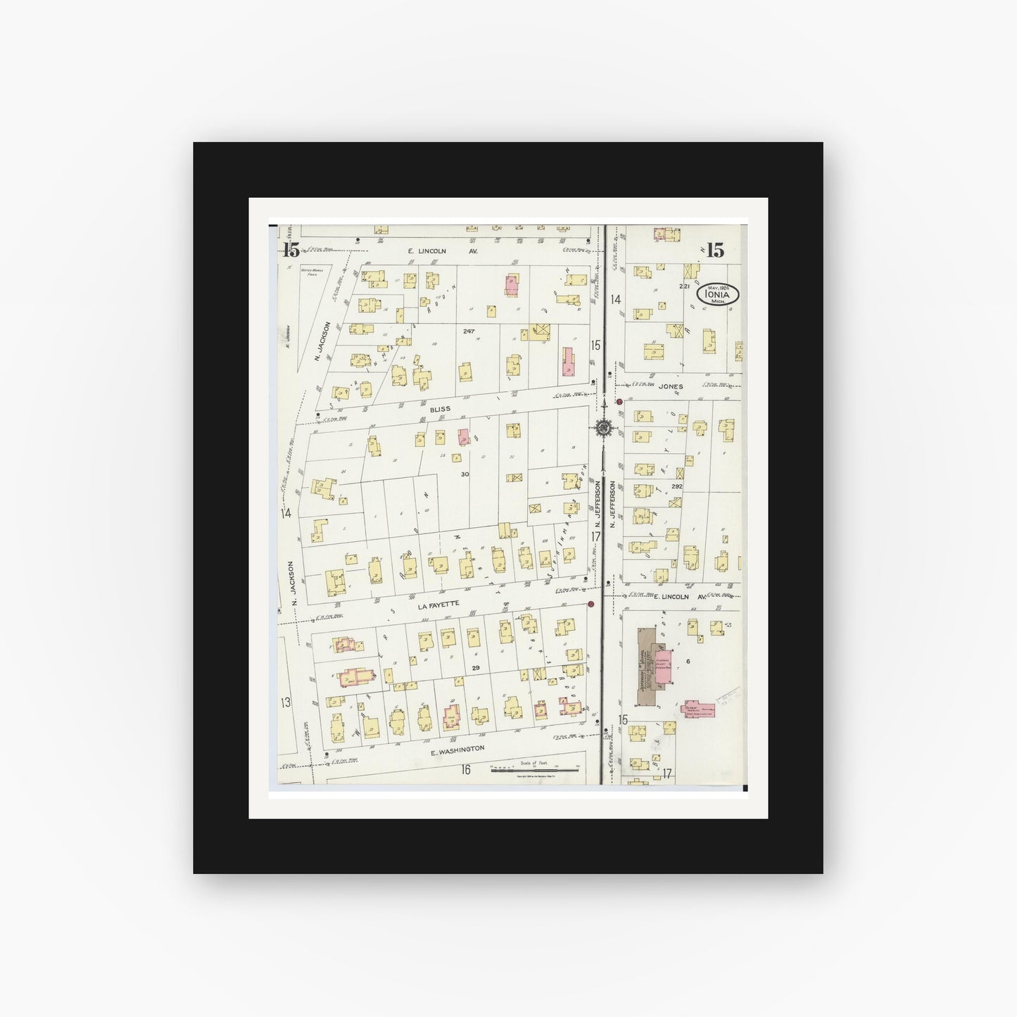 Old map wall art mockup — black gallery frame with white mat — Sanborn Fire Insurance Map from Ionia, Ionia County, Michigan (1924), Sheet #0015