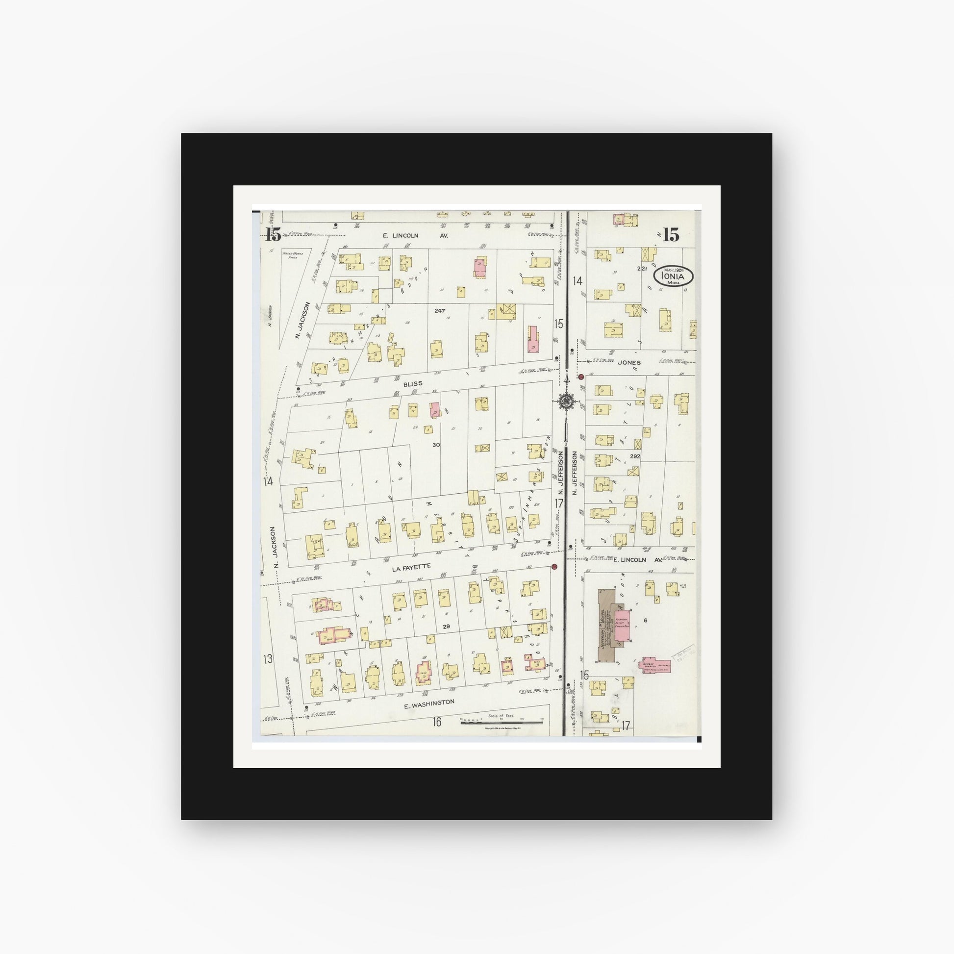 Old map wall art mockup — black gallery frame with white mat — Sanborn Fire Insurance Map from Ionia, Ionia County, Michigan (1924), Sheet #0015