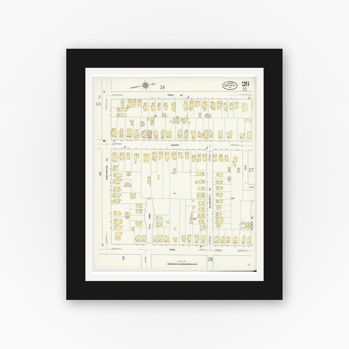 Old map wall art mockup — black gallery frame with white mat — Sanborn Fire Insurance Map from Batavia, Genesee County, New York (1912), Sheet #0026