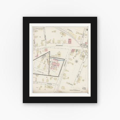 Old map wall art mockup — black gallery frame with white mat — Sanborn Fire Insurance Map from Arlington, Middlesex County, Massachusetts (1885), Sheet #0002