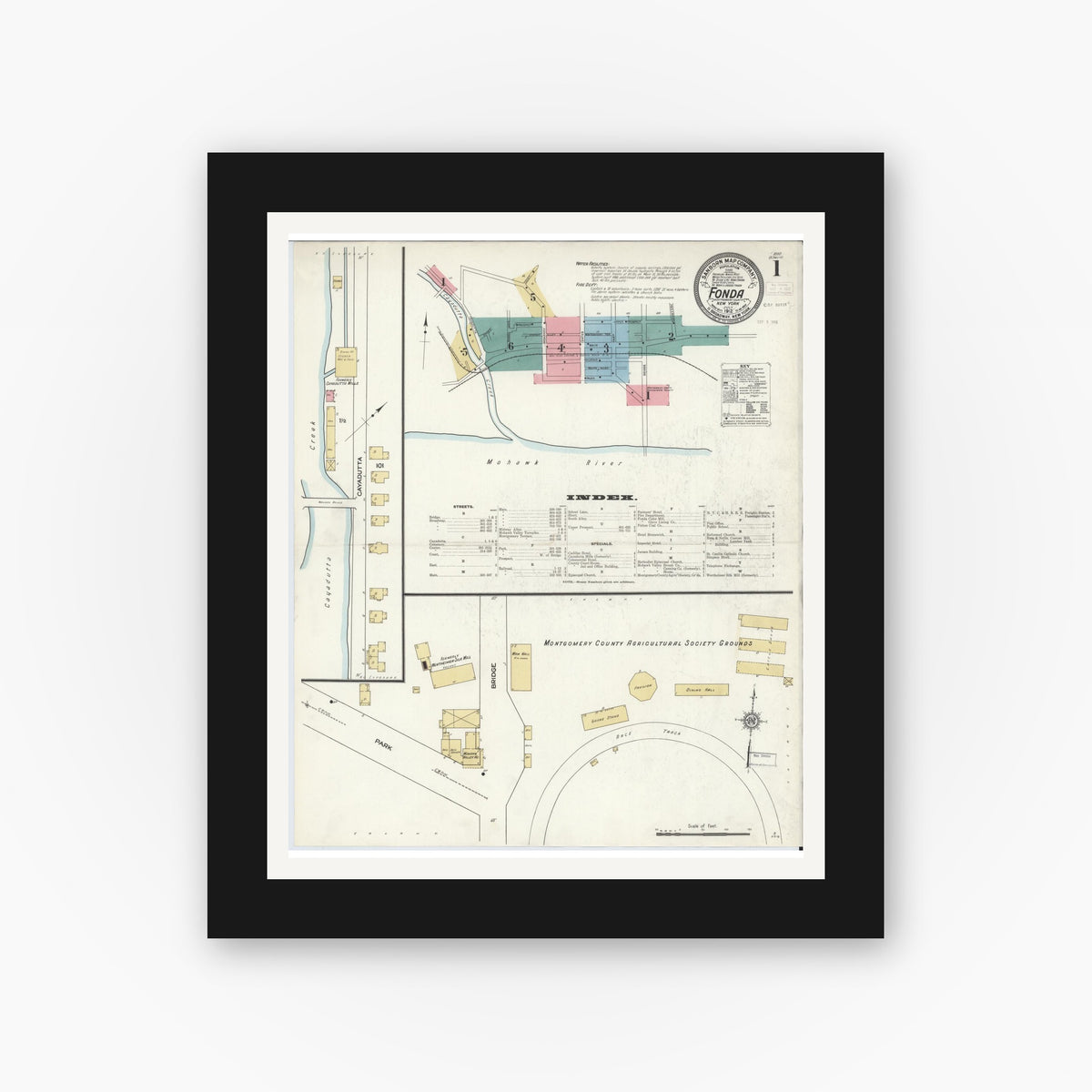 Old map wall art mockup — black gallery frame with white mat — Sanborn Fire Insurance Map from Fonda, Montgomery County, New York (1912) - Complete Map Set