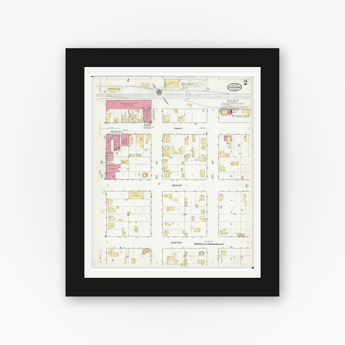 Old map wall art mockup — black gallery frame with white mat — Sanborn Fire Insurance Map from Perham, Otter Tail County, Minnesota (1916), Sheet #0002