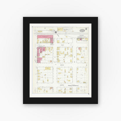 Old map wall art mockup — black gallery frame with white mat — Sanborn Fire Insurance Map from Perham, Otter Tail County, Minnesota (1916), Sheet #0002