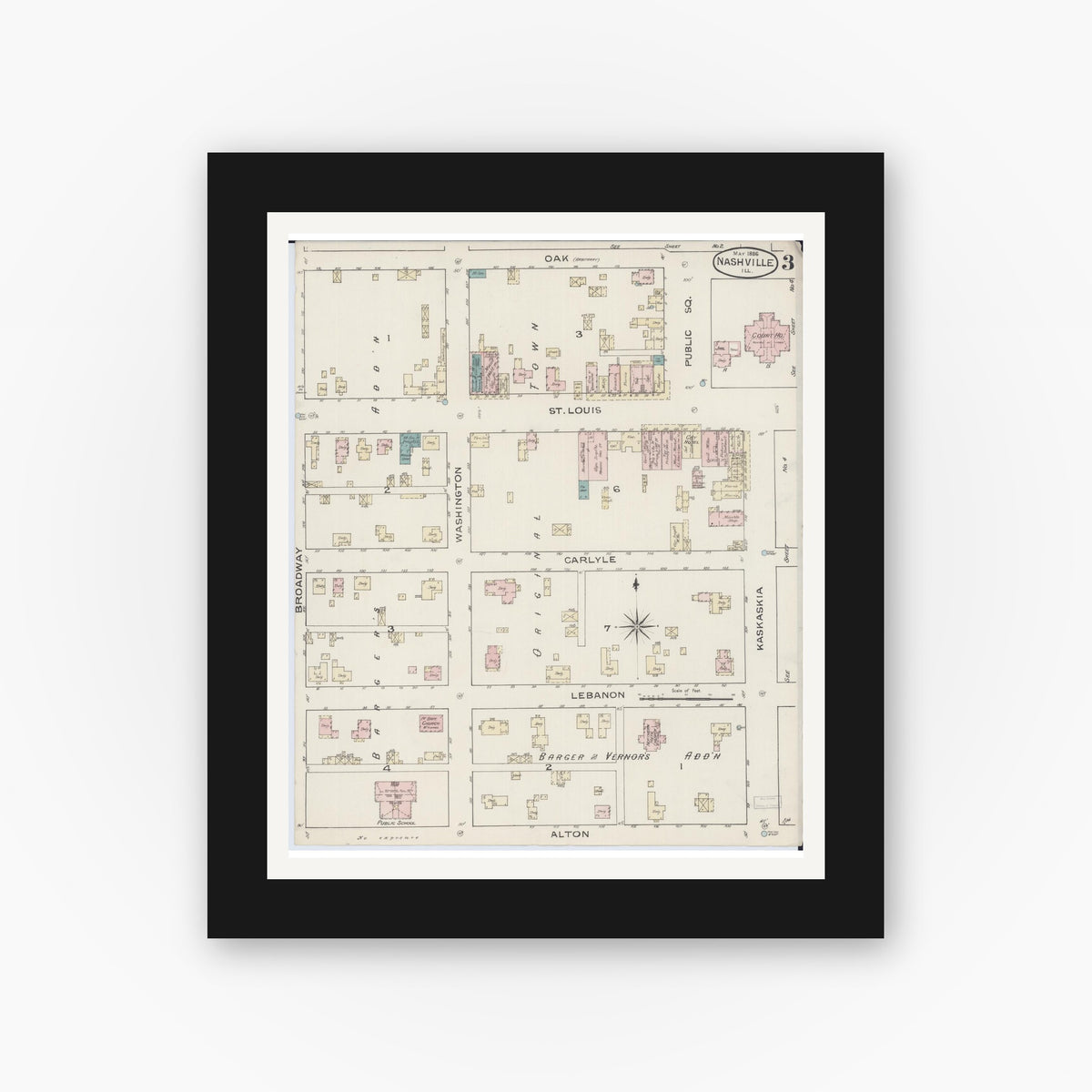 Old map wall art mockup — black gallery frame with white mat — Sanborn Fire Insurance Map from Nashville, Washington County, Illinois (1886), Sheet #0003