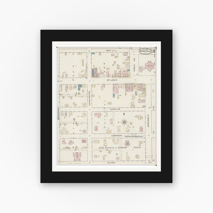 Old map wall art mockup — black gallery frame with white mat — Sanborn Fire Insurance Map from Nashville, Washington County, Illinois (1886), Sheet #0003