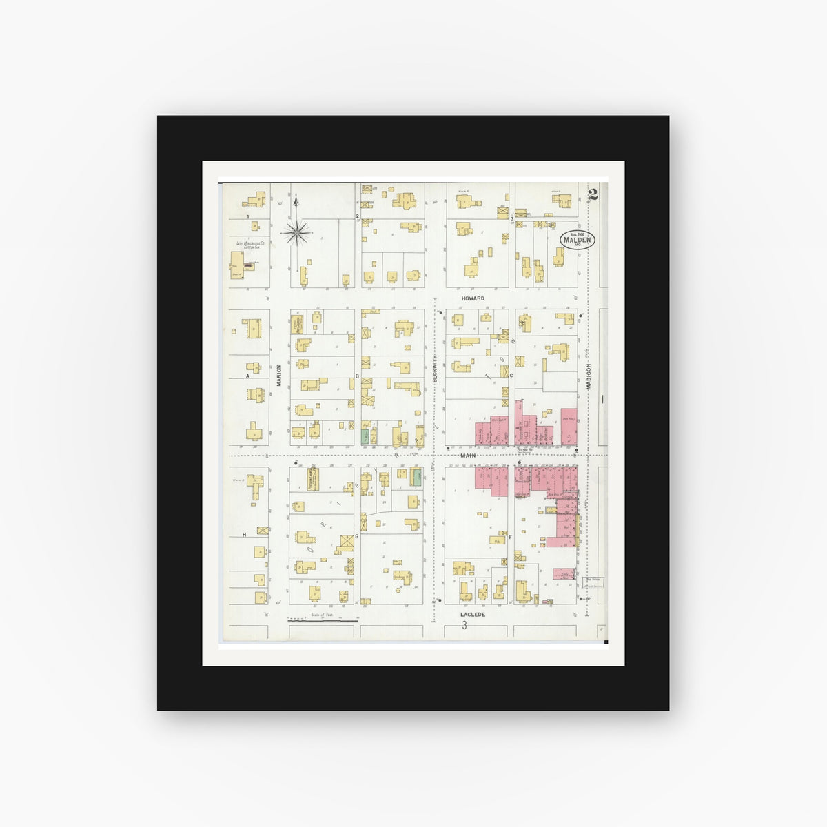 Old map wall art mockup — black gallery frame with white mat — Sanborn Fire Insurance Map from Malden, Dunklin County, Missouri (1900), Sheet #0002