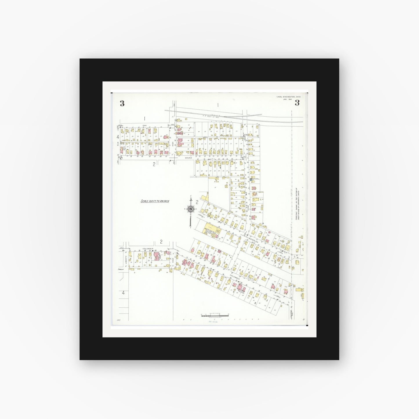 Old map wall art mockup — black gallery frame with white mat — Sanborn Fire Insurance Map from Canal Winchester, Franklin County, Ohio (1941), Sheet #0003