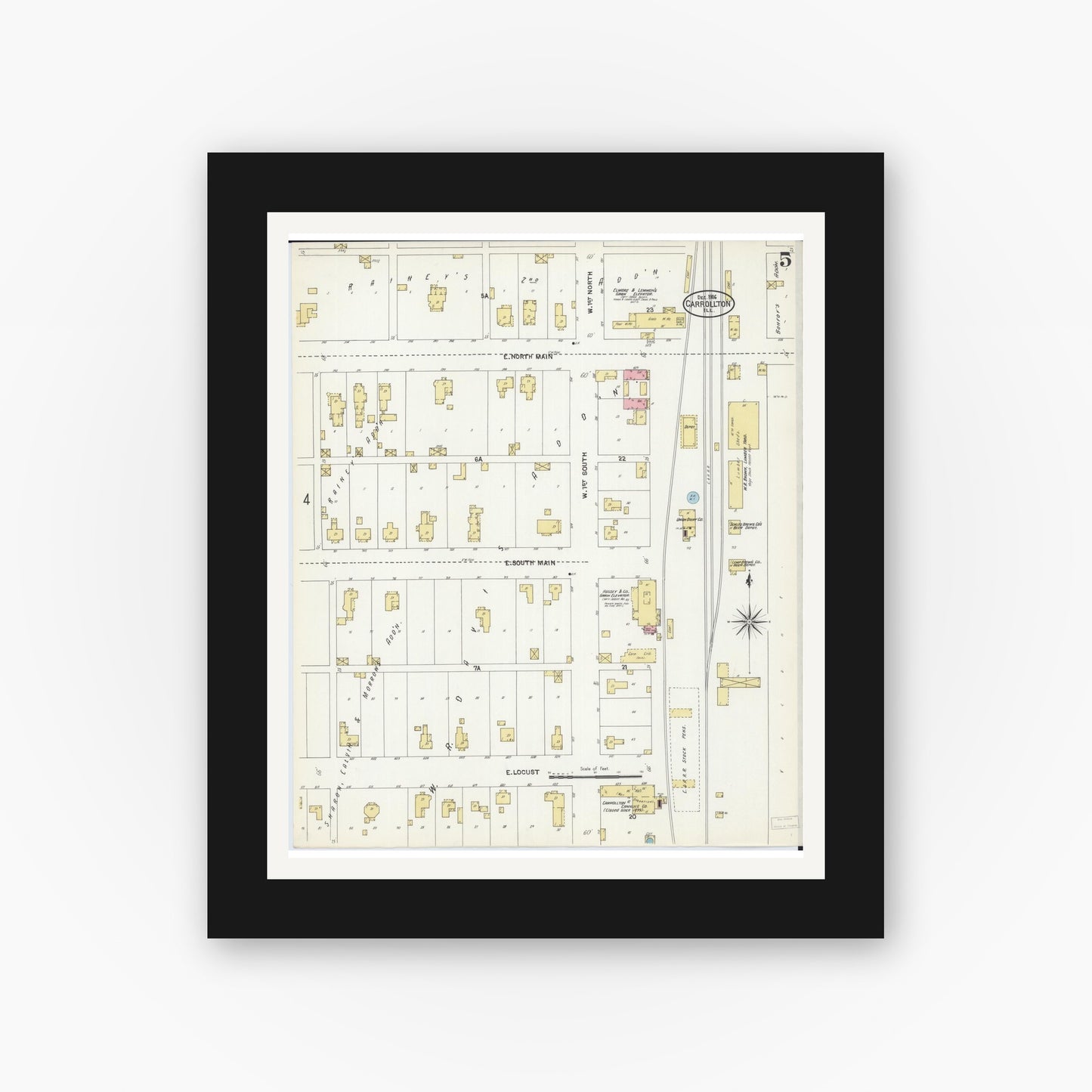 Old map wall art mockup — black gallery frame with white mat — Sanborn Fire Insurance Map from Carrollton, Greene County, Illinois (1906), Sheet #0005