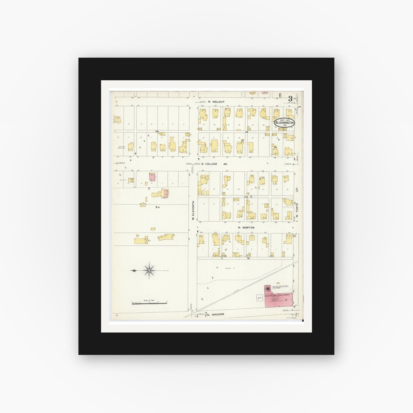 Old map wall art mockup — black gallery frame with white mat — Sanborn Fire Insurance Map from Bloomington, Monroe County, Indiana (1907), Sheet #0003
