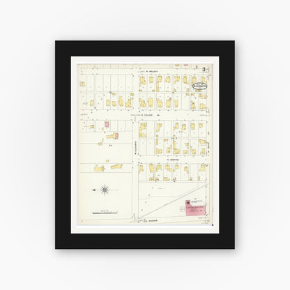 Old map wall art mockup — black gallery frame with white mat — Sanborn Fire Insurance Map from Bloomington, Monroe County, Indiana (1907), Sheet #0003