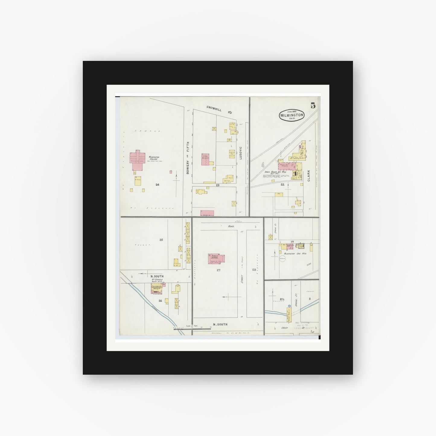 Old map wall art mockup — black gallery frame with white mat — Sanborn Fire Insurance Map from Wilmington, Clinton County, Ohio (1895), Sheet #0005
