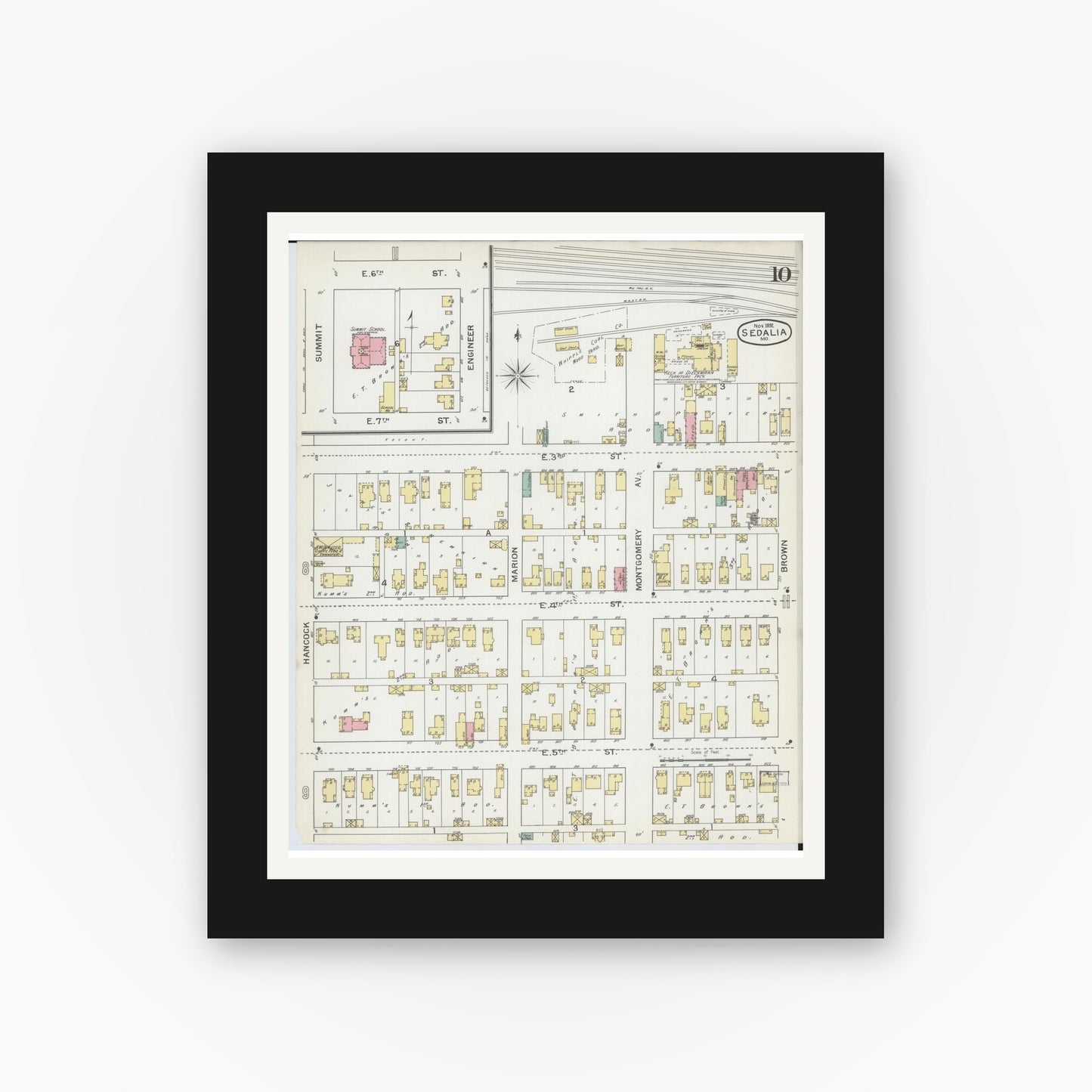 Old map wall art mockup — black gallery frame with white mat — Sanborn Fire Insurance Map from Sedalia, Pettis County, Missouri (1892), Sheet #0010
