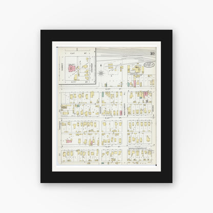 Old map wall art mockup — black gallery frame with white mat — Sanborn Fire Insurance Map from Sedalia, Pettis County, Missouri (1892), Sheet #0010