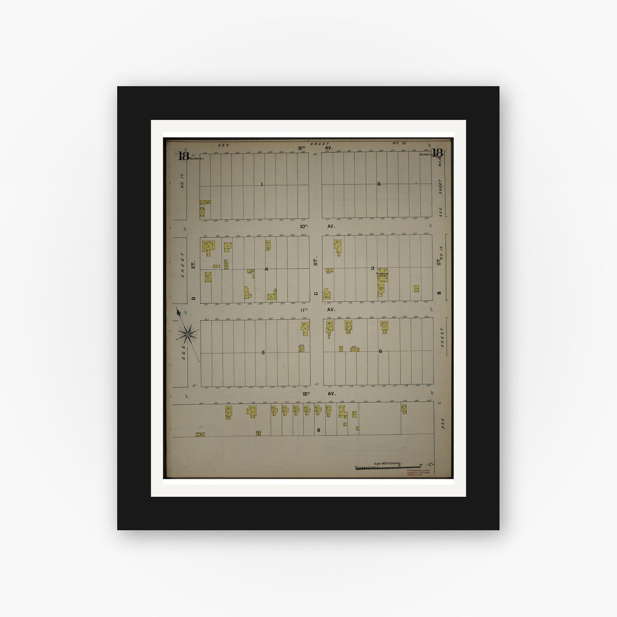 Old map wall art mockup — black gallery frame with white mat — Sanborn Fire Insurance Map from New Jersey Coast, New Jersey Coast, New Jersey (1890), Sheet #0018