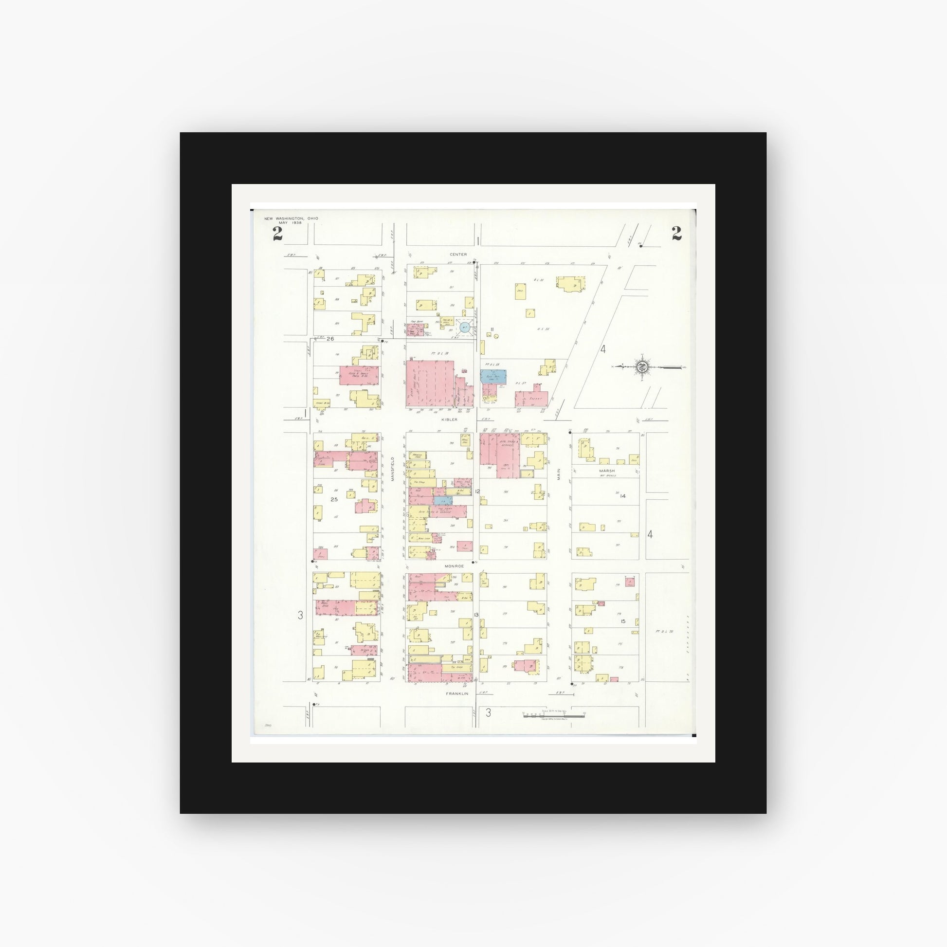 Old map wall art mockup — black gallery frame with white mat — Sanborn Fire Insurance Map from New Washington, Crawford County, Ohio (1938), Sheet #0002