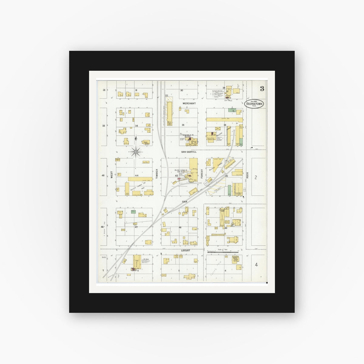Old map wall art mockup — black gallery frame with white mat — Sanborn Fire Insurance Map from Georgetown, Williamson County, Texas (1900), Sheet #0003
