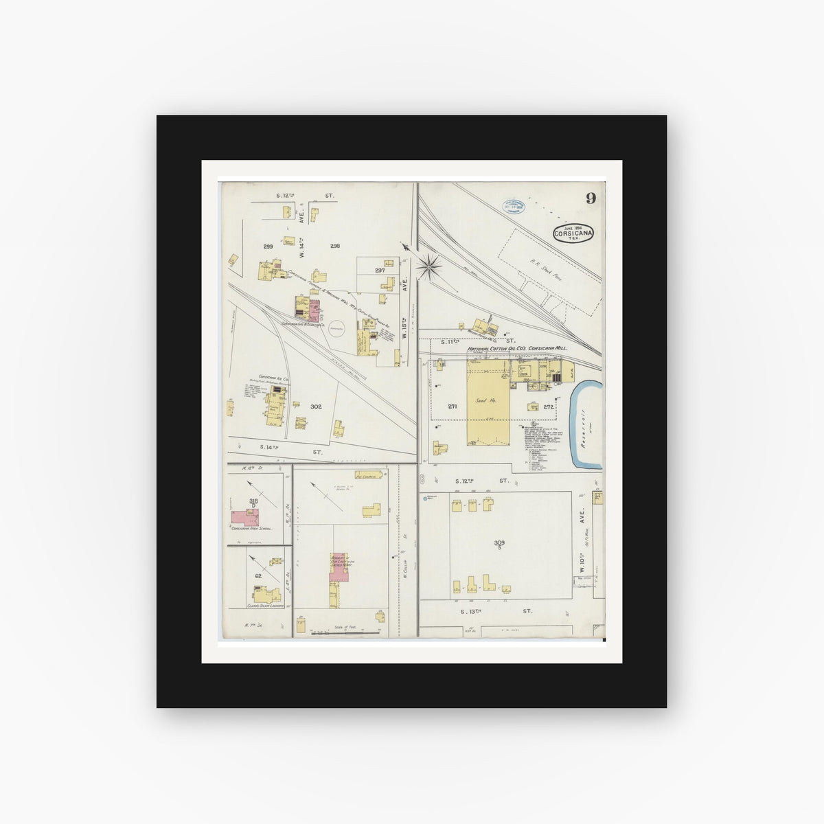 Old map wall art mockup — black gallery frame with white mat — Sanborn Fire Insurance Map from Corsicana, Navarro County, Texas (1894), Sheet #0009