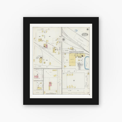 Old map wall art mockup — black gallery frame with white mat — Sanborn Fire Insurance Map from Corsicana, Navarro County, Texas (1894), Sheet #0009