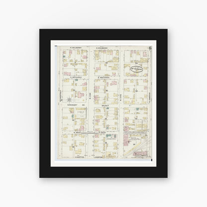 Old map wall art mockup — black gallery frame with white mat — Sanborn Fire Insurance Map from Mount Vernon, Knox County, Ohio (1887), Sheet #0006