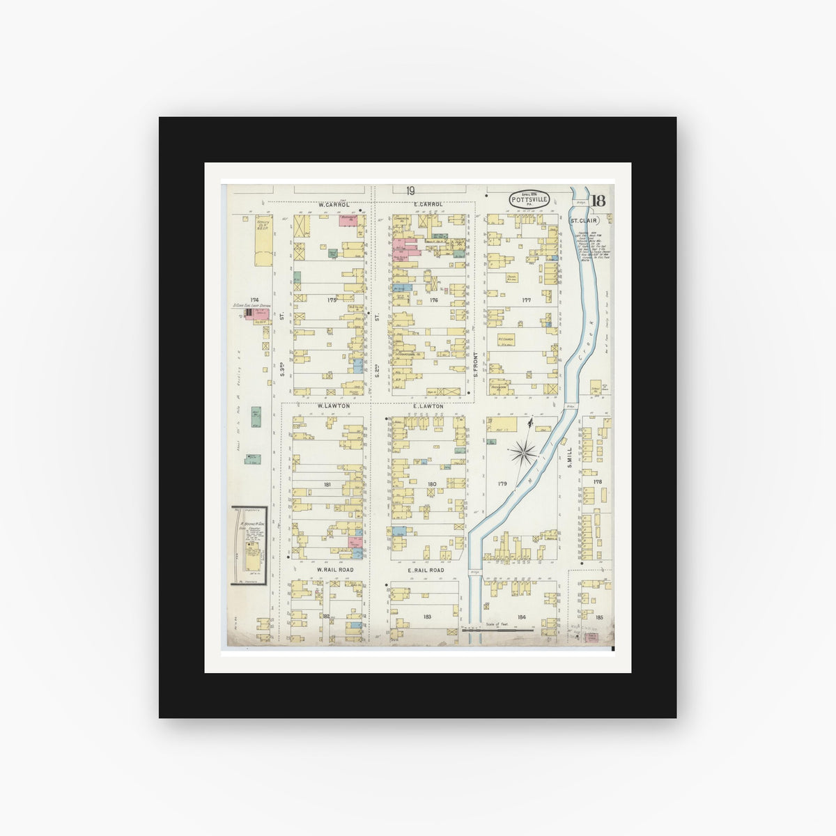 Old map wall art mockup — black gallery frame with white mat — Sanborn Fire Insurance Map from Pottsville, Schuylkill County, Pennsylvania (1895), Sheet #0018