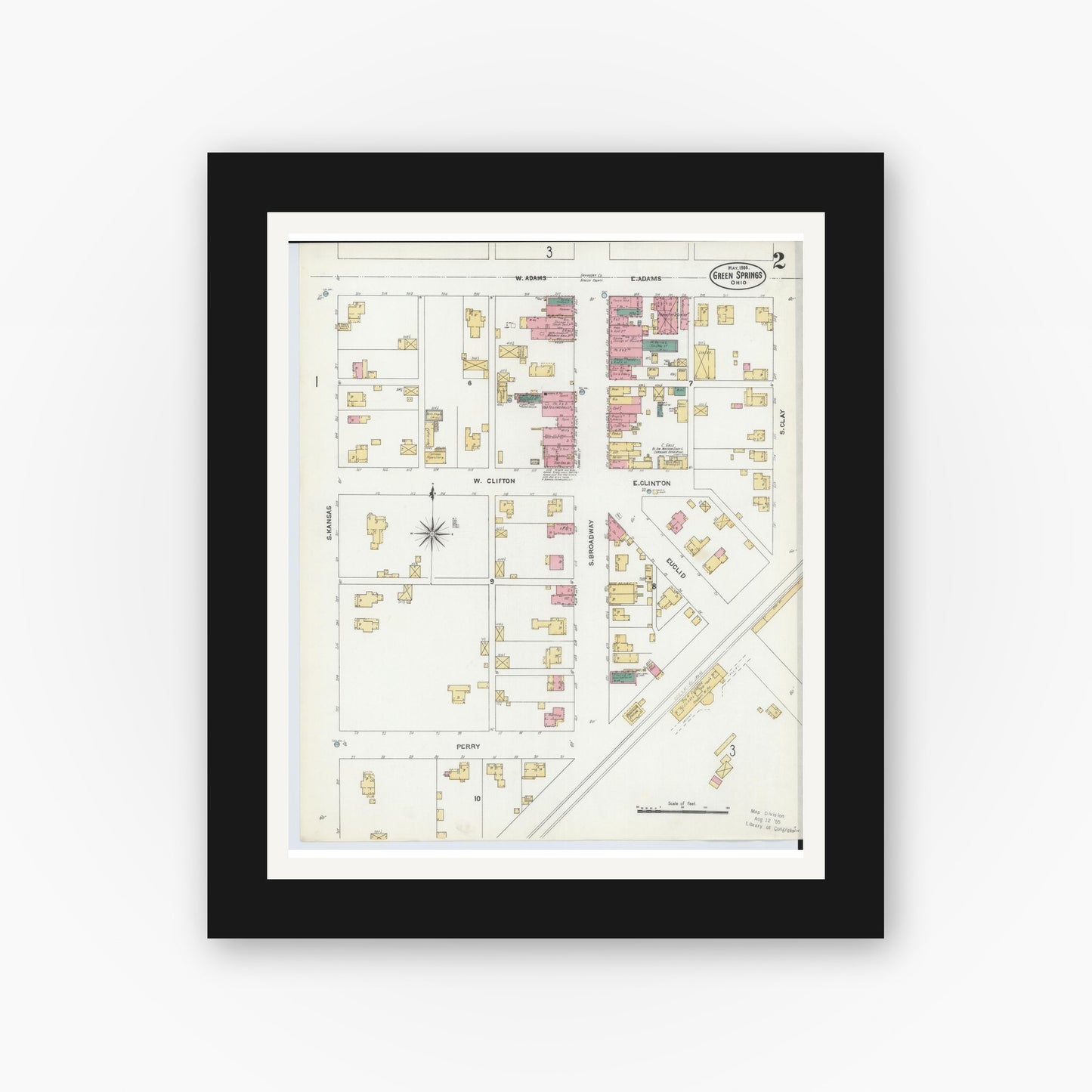 Old map wall art mockup — black gallery frame with white mat — Sanborn Fire Insurance Map from Green Springs, Sandusky And Seneca Counties, Ohio (1906), Sheet #0002