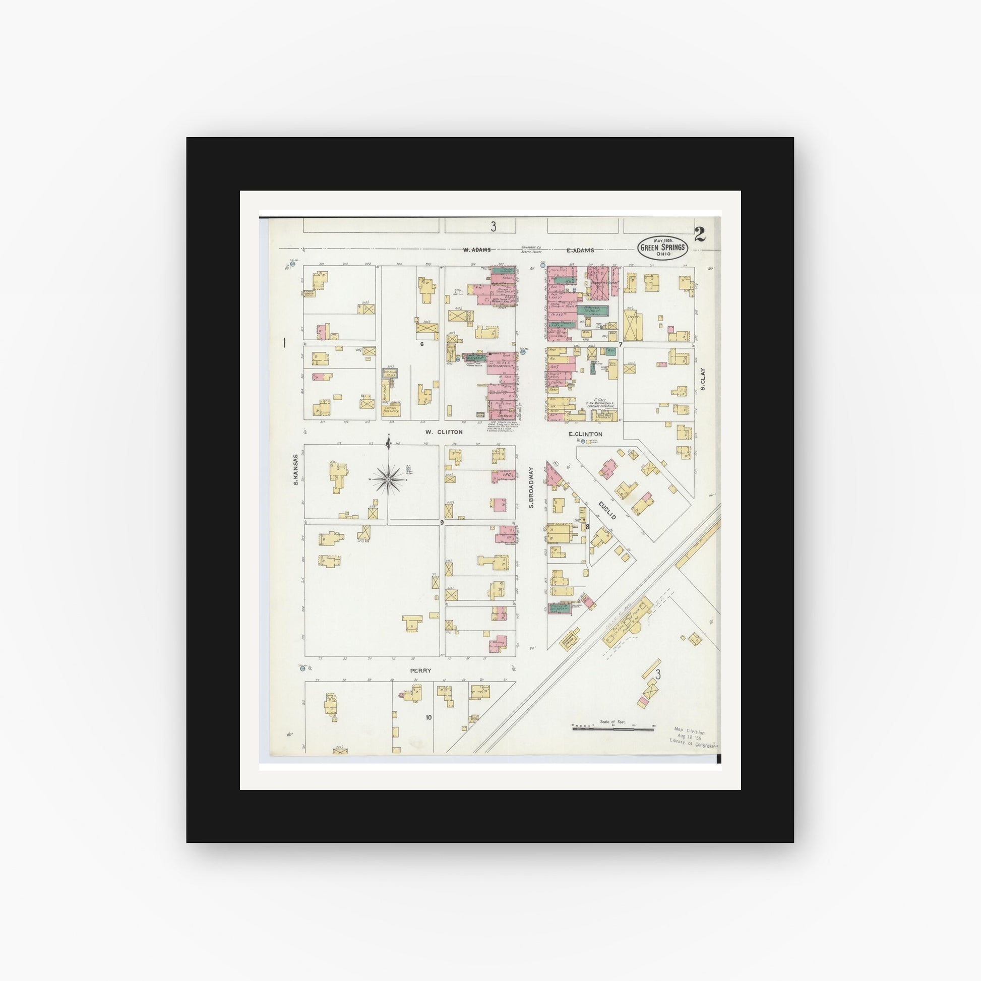 Old map wall art mockup — black gallery frame with white mat — Sanborn Fire Insurance Map from Green Springs, Sandusky And Seneca Counties, Ohio (1906), Sheet #0002