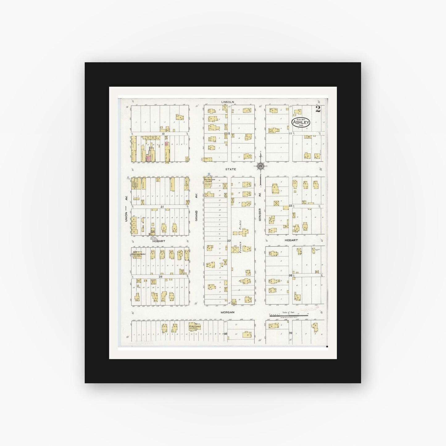 Old map wall art mockup — black gallery frame with white mat — Sanborn Fire Insurance Map from Ashley, Steuben County, Indiana (1917), Sheet #0002
